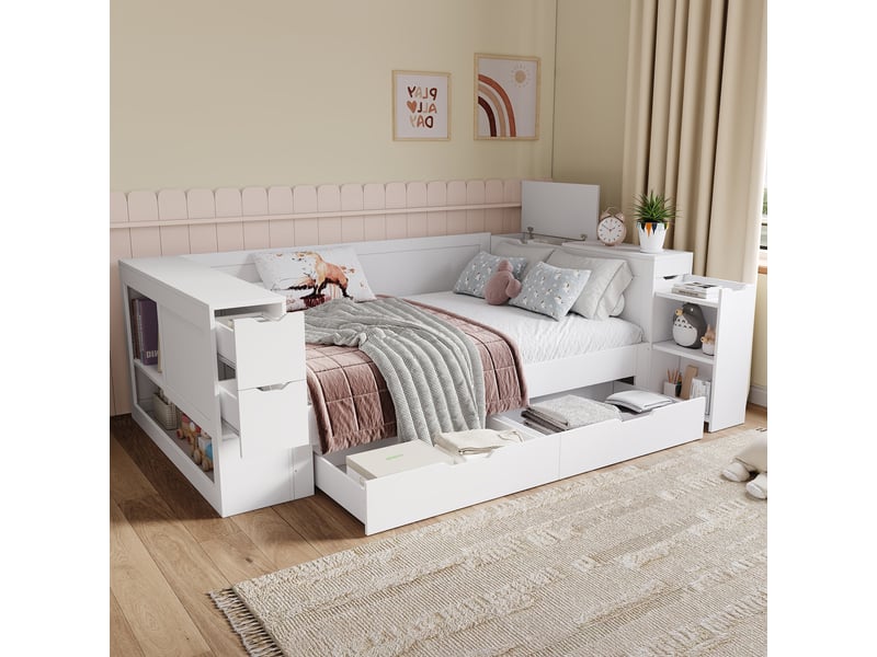  Lit enfant 90x200 lit banquette avec rangement tiroirs et table de chevet mdf blanc  - Conforama E