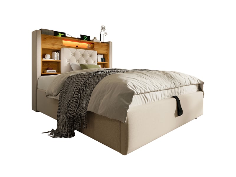  Lit coffre simple 90×200 cm avec led, usb et type-c - okmyhome- tête de lit à étagères, sans matelas, beige  - Conforama A