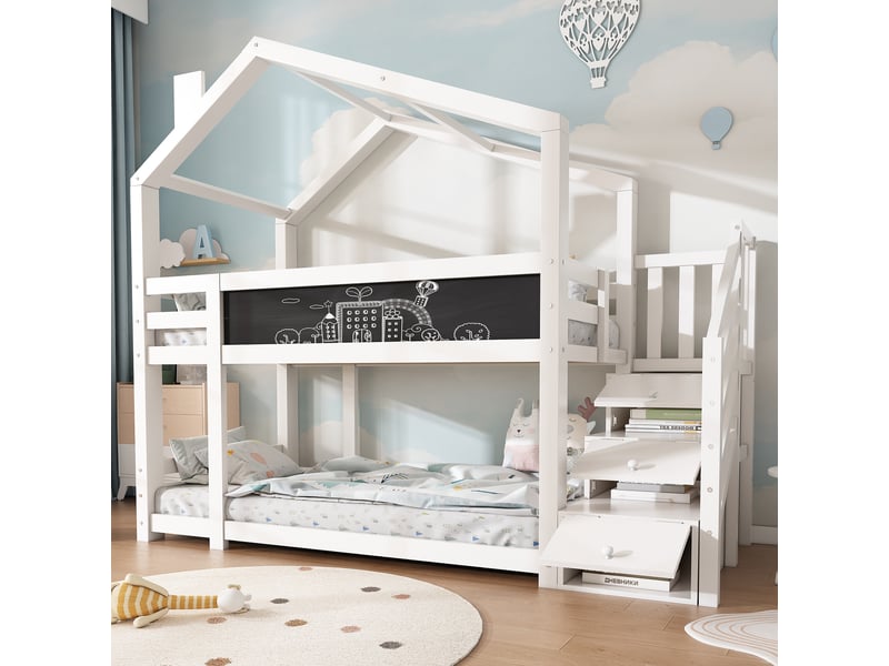  Lit superposé cabane enfant 2 x 90x200 cm blanc avec rangements et tableau  - Conforama C