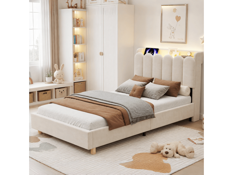  Lit enfant simple 90×200 cm avec étagères, usb, type-c et lampe de lecture - okmyhome- beige, sans matelas  - Conforama C