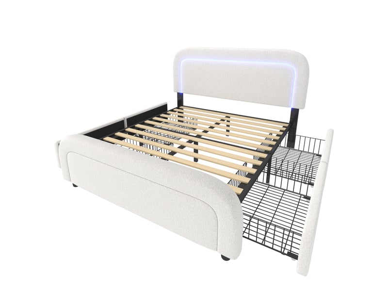  Lit 2 places 160x200 cm – blanc – led, charge usbtype-c, 4 tiroirs, tête de lit réglable, avec matelas  - Conforama D
