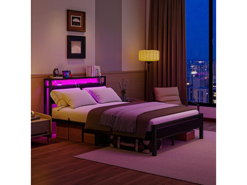  Lit coffre, lit double 140x200 cm, tête de lit avec rangement, led, usb, métal et bois noir  - Conforama E