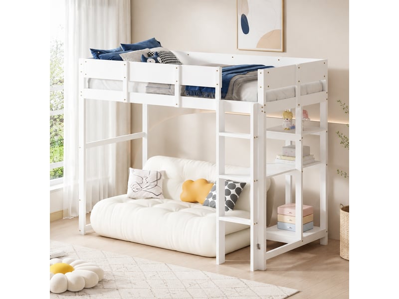  Lit mezzanine enfant 200×90 cm avec étagère et barrières de protection, sommier à lattes, en pin blanc  - Conforama C