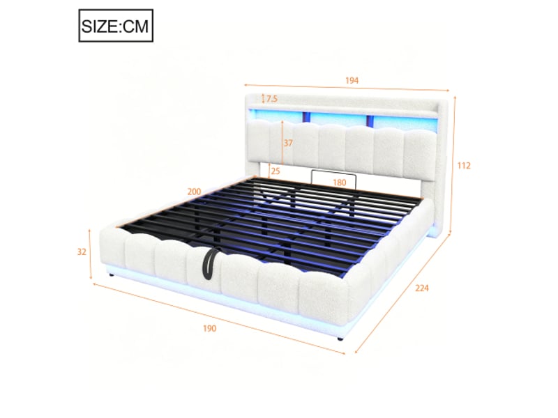  Lit capitonné 180x200 avec rangement hydraulique, fourrure d'agneau, led et usb, sommier métallique, grand espace, blanc  - Conforama C