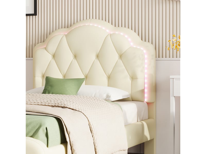  Lit enfant en pu beige, lit simple avec tête ondulée, led multicolores et lattes en bois, 90x200 cm, sans matelas  - Conforama E