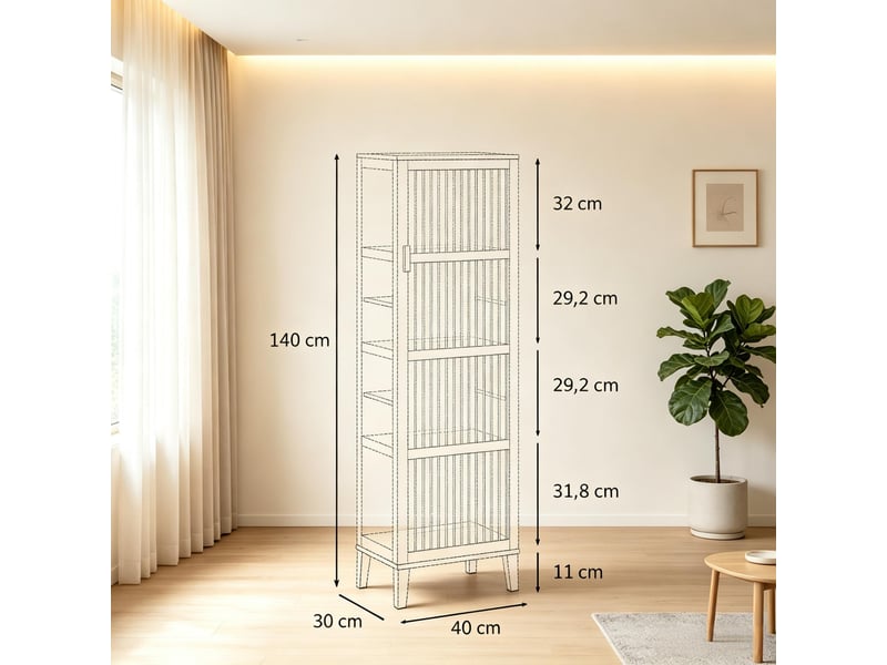  Armoire de salle de bain à 4 étagères avec porte et rangement en bambou 40×30×140 cm naturel  - Conforama E