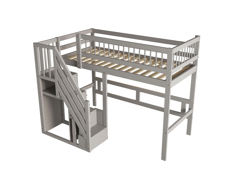  Lit mezzanine enfant 90 × 200 cm 1 place avec escalier de rangement, sans matelas, en bois massif, gris  - Conforama A