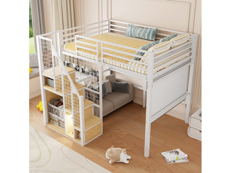  Lit mezzanine 140 × 200 cm 2 places avec rangement, étendoir et escalier sécurisé, sans matelas, blanc  - Conforama C