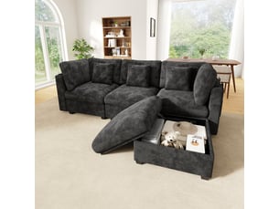 Canapé d'angle panoramique fixe <strong></strong> <strong></strong> 4 places Tissu gris avec coffre de rangement