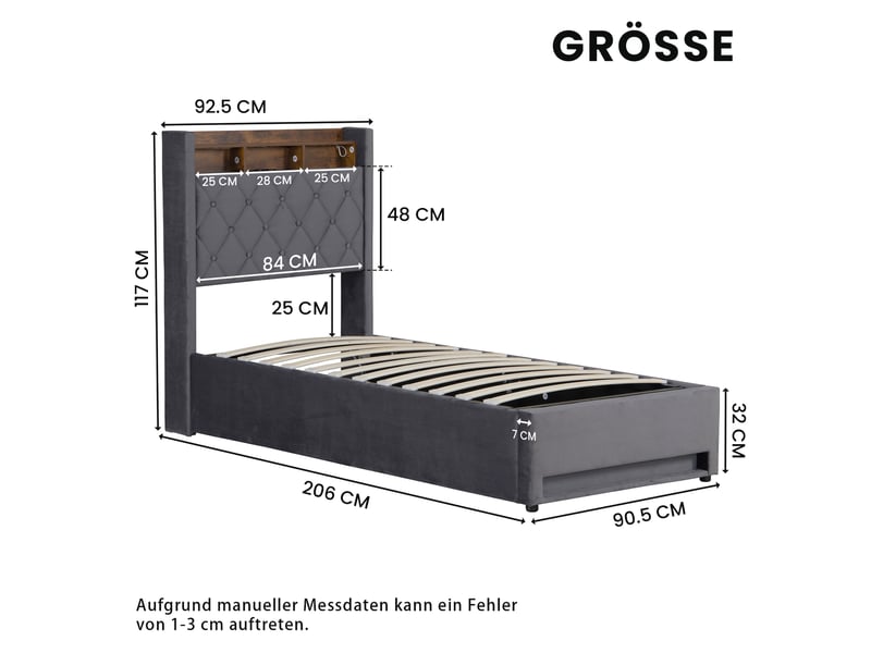  Lit simple 90 × 190 cm avec coffre, usb et led réglable, rangement intégré, sans matelas, en velours gris  - Conforama E