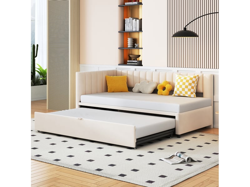  Lit enfant gigogne 90x200cm, gain de place, tête de lit confort, style moderne, velours beige, sans matelas  - Conforama B