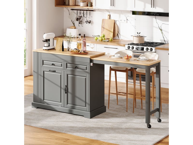 Îlot de cuisine sur roulettes avec tiroirs de rangement, plan de travail extensible, couleur grise, meuble de rangement  - Conforama B