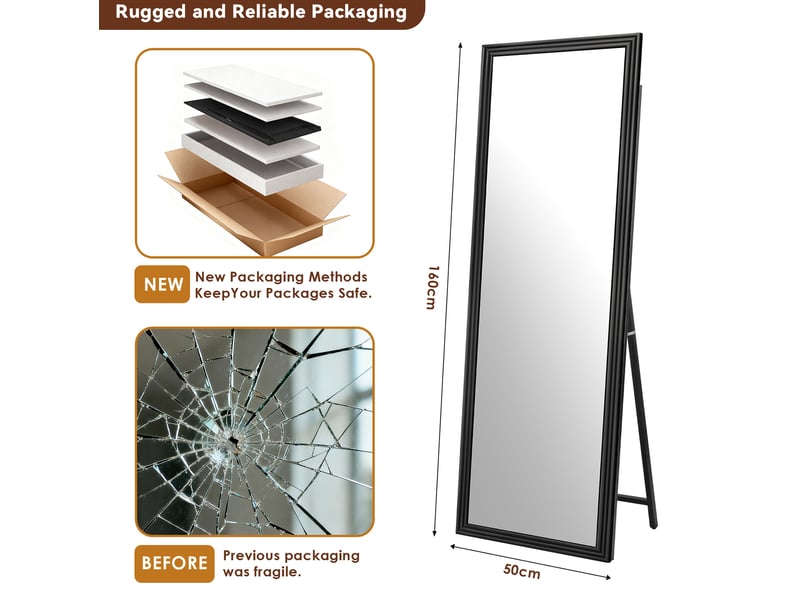  Miroir sur pied 160 x 50 cm – noir – cadre en bois, support métal inclinable et image claire, format pleine hauteur  - Conforama C