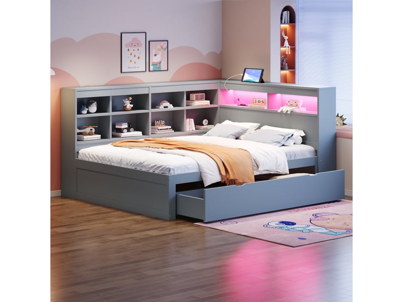  Lit banquette enfant 140 x 200 cm avec led, usb, tiroirs et rangements, bois, gris Fay Lum - Conforama E