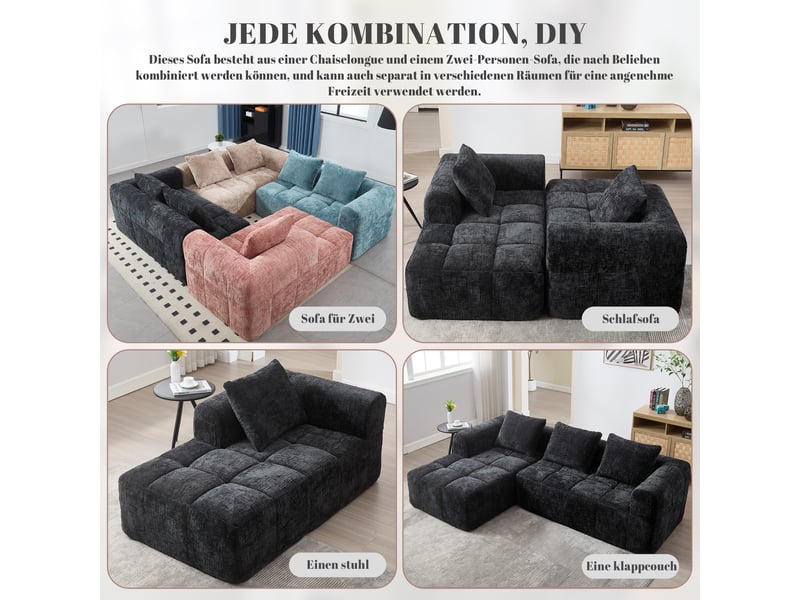 Canapé d'angle, canapé 3 places – en chenille, poches latérales, avec méridienne, noir, sans montage, avec accoudoirs - Conforama W