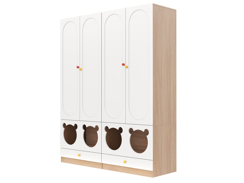  Armoire enfant 2 portes avec penderie, étagères et tiroirs, bords arrondis, en mdf blanc et naturel, 80 × 50 × 200 cm  - Conforama A