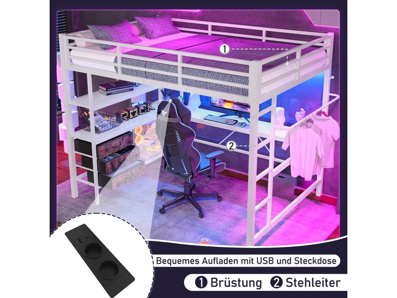 Lit mezzanine 140 x 200 cm, lit enfant surélevé, 3 tiroirs, bureau intégré, étagères ouvertes, éclairage led, connectique usb, échelle, métal, blanc Morn Vibe - Conforama E