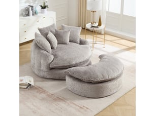 Fauteuil 1 place - 190x138x83cm - fauteuil rond oversized en polyester moderne et moelleux avec pouf et coussins - gris clair
