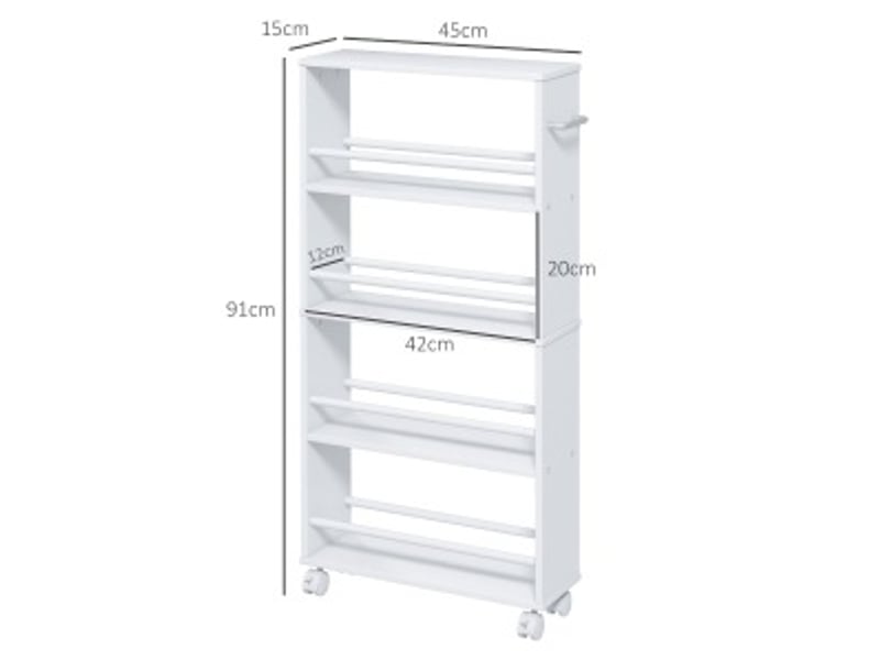  Desserte étroite 45 x 15 x 91 cm blanche en panneaux de particules, 4 niveaux sur roulettes avec freins  - Conforama C