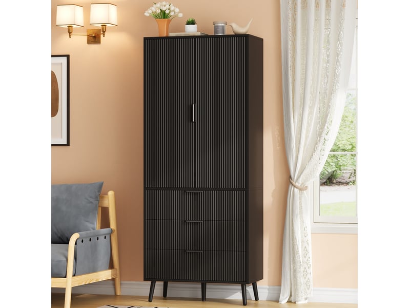  Buffet haut de rangement avec 2 portes, 3 tiroirs et étagères réglables, pieds surélevés pour cuisine en mdf noir  - Conforama B