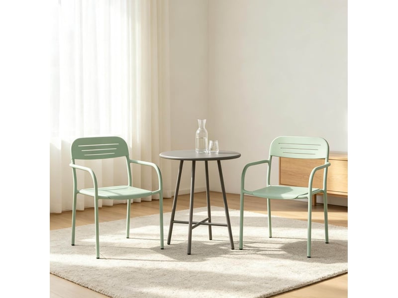 Lot de 2 chaises de jardin empilables en métal vert sauge avec accoudoirs - Conforama E