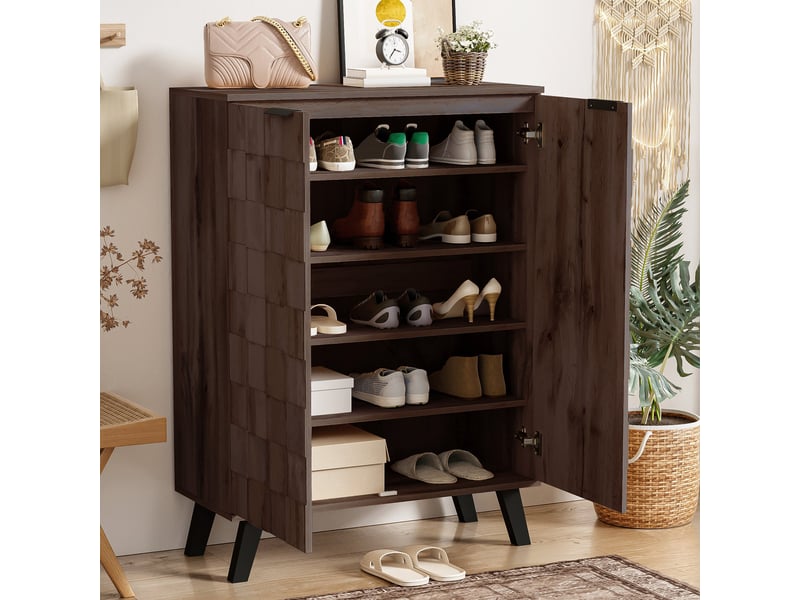  Meuble à chaussures 80x35,5x110 cm, 5 compartiments, 4 étagères réglables et pieds noirs, pour entrée et couloir - bois foncé  - Conforama E