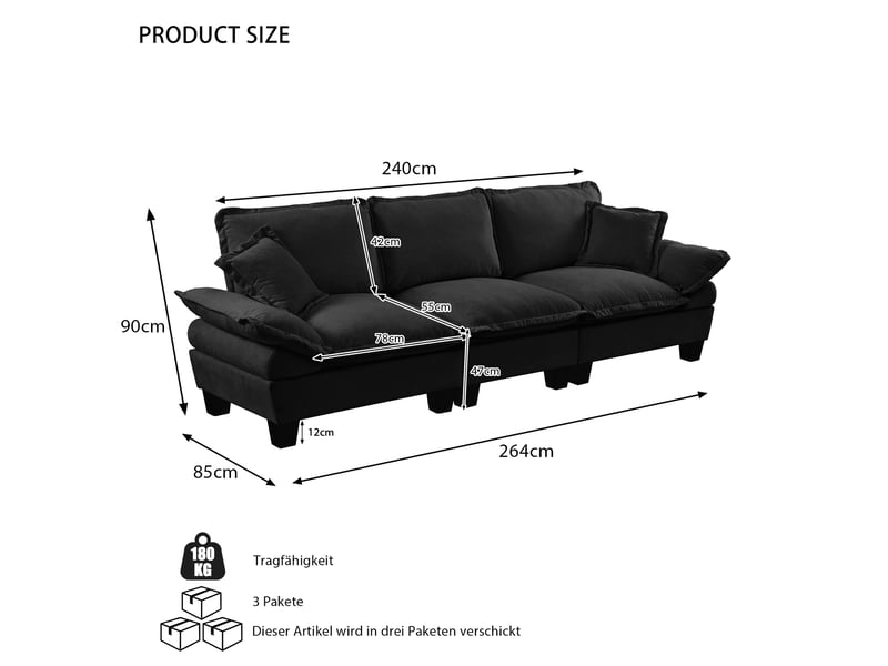  Canapé droit 3 places en tissu chenille noir, canapé salon moderne avec accoudoirs courbés et confort rembourré  - Conforama C