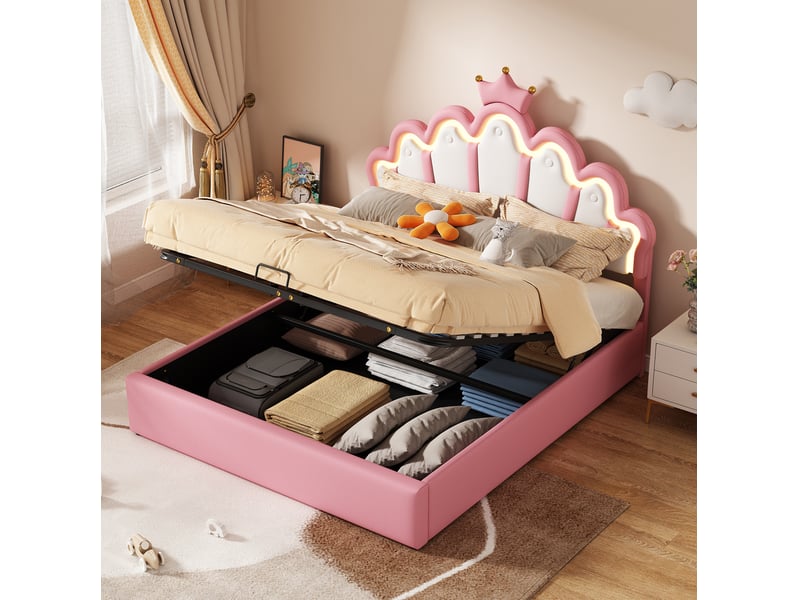  Lit coffre 140x200 cm avec éclairage led réglable en similicuir rose  - Conforama D