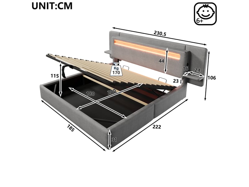  Lit 180x200 cm, lit 2 places rangement hydraulique, led, usb, mdf couleur gris sans matelas  - Conforama C