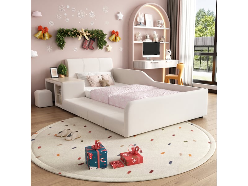 Lit enfant 90x200 cm en velours blanc avec bureau, tabouret et étagère  - Conforama B