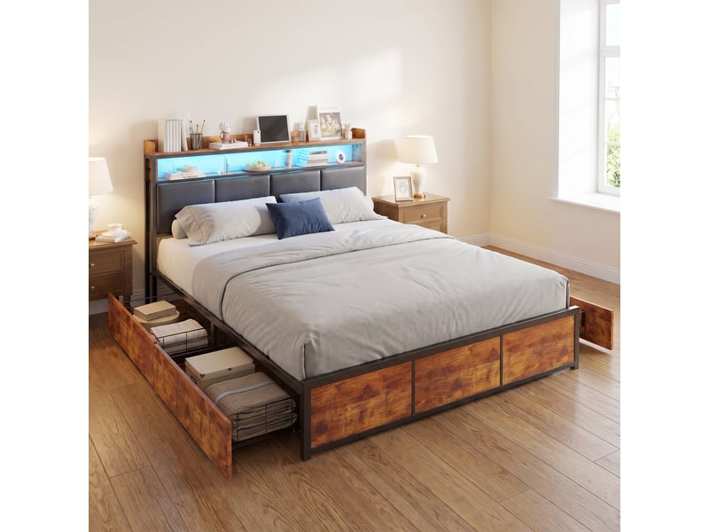  Lit double 180x200 cm avec 4 tiroirs et led, lit adulte avec cadre en métal, style industriel, noir  - Conforama B