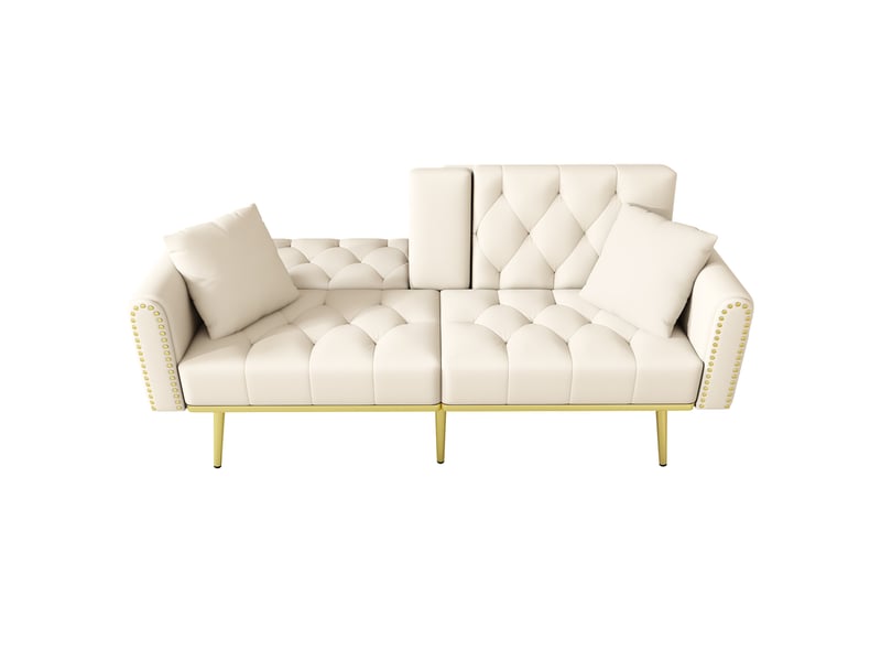 Canapé-lit 2 places 175x80x73,5cm 3 positions porte-gobelet escamotable poche latérale pieds dorés velours beige - Conforama A