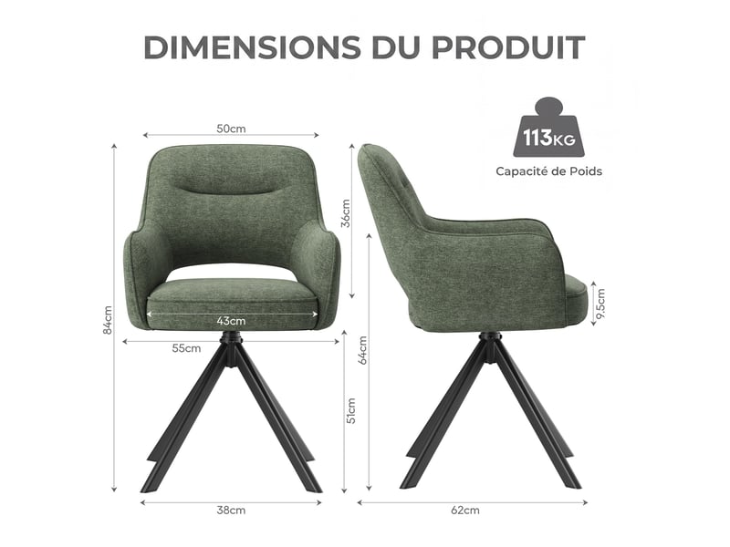  Lot 4 chaise pivotante premium avec demi-accoudoirs - base métallique haute stabilité - vert  - Conforama C