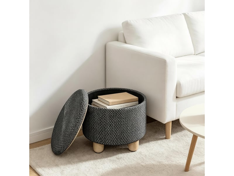  Pouf coffre rond avec rangement en lin et mdf gris foncé ø 39 x h 33 cm T5828P517180 - Conforama B
