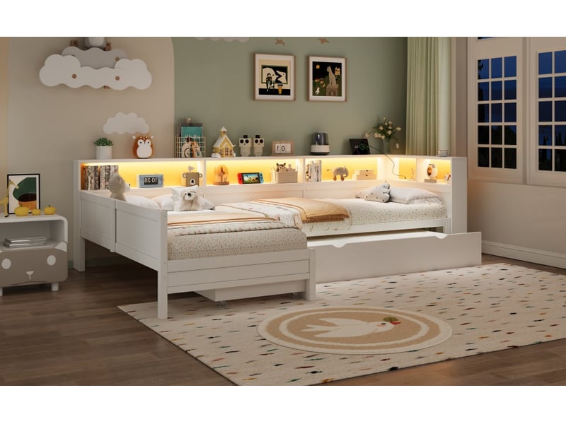 Lit gigogne 90 x 200 cm, cadre de lit avec couchage d’appoint, 1 tiroir, étagères ouvertes, couchage gigogne, éclairage led, contreplaqué, blanc Morn Vibe - Conforama E