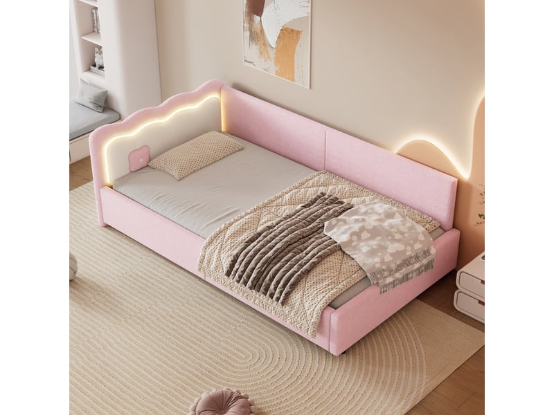 Canapé lit 90x200cm, lit 1 place avec led, tête de lit et sommier, lit enfant et adulte, tissu+mdf rose, sans matelas - Conforama C