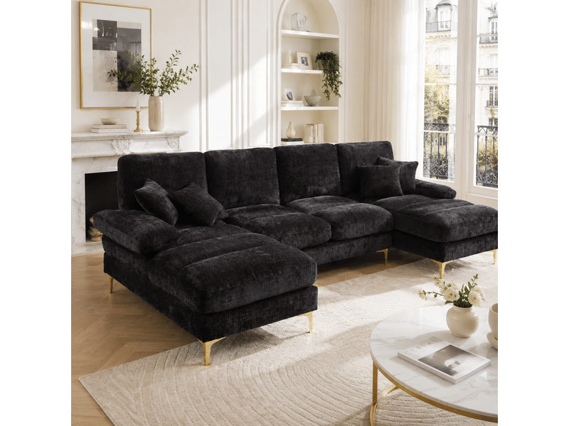 Canapé en u en chenille noir 272x136x88 cm avec deux méridiennes et pieds métal dorés - Conforama B