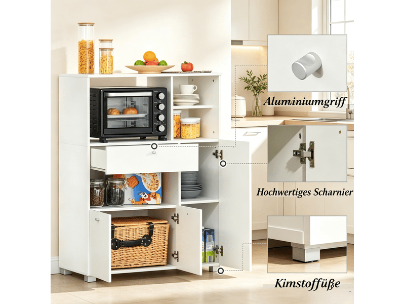 Buffet de cuisine avec 3 portes, 1 tiroir et 4 niches ouvertes, rangement micro-ondes en panneaux de particules blanc - Conforama D