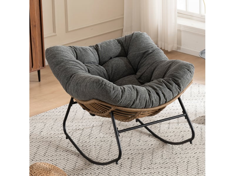  Fauteuil à bascule avec assise enveloppante, structure métallique, pour salon, en chenille gris, 102 × 98 × 77 cm  - Conforama B