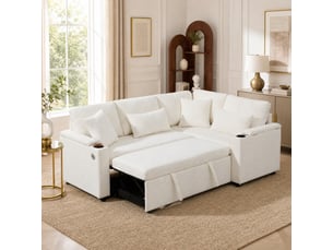 Canapé d'angle droit convertible <strong>MODENVIE</strong> <strong></strong> 4 places Velours beige avec coffre de rangement