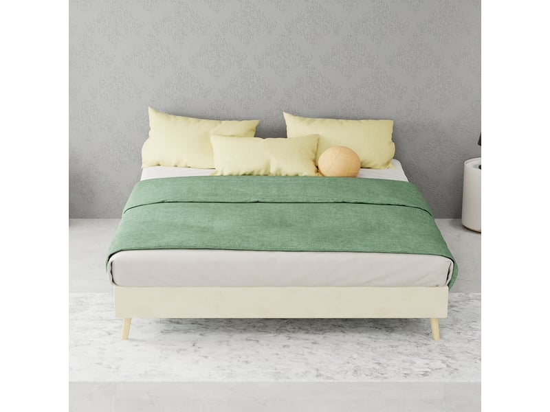 Lit 140x200 cm avec sommier à lattes, lit double rembourré en velours, beige, mobilier de chambre moderne - Conforama W