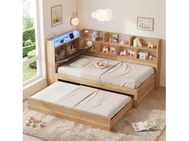  Modenvie lit gigogne enfant 90x200 cm - avec rangement, led et ports usb-c, sommier inclus - naturel  - Conforama B