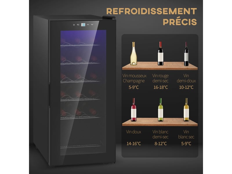  Cave à vin 18 bouteilles 50l haute performance réglable température 5-18° avec lumière led, noir  - Conforama R