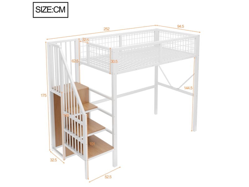  Lit mezzanine 90x200 cm en métal blanc avec échelle de rangement et led  - Conforama C