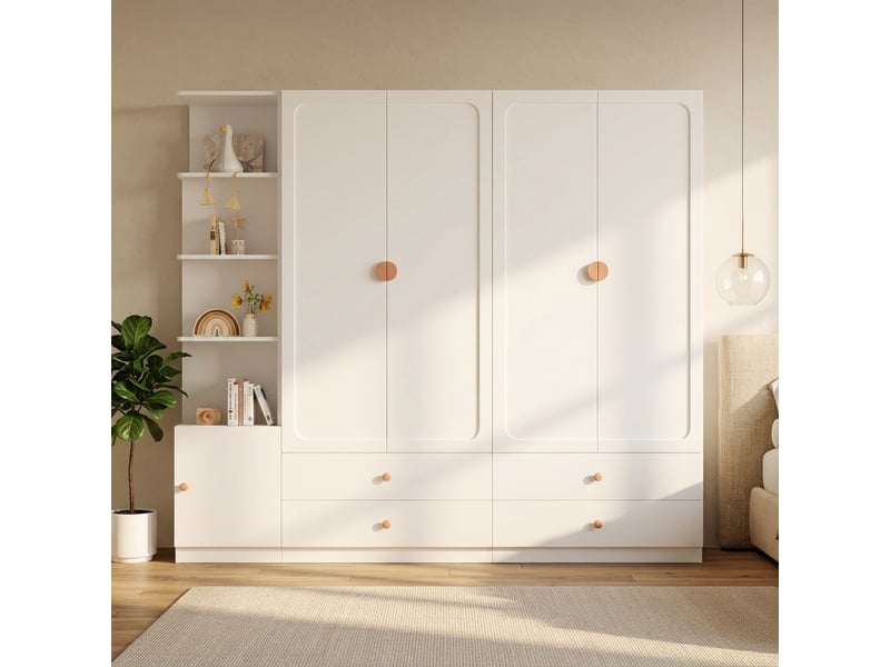  Armoire chambre 225x45x200 cm, grande penderie dressing modulable, avec 3 tringles et 4 tiroirs, bois massif mdf et acier, blanc  - Conforama C