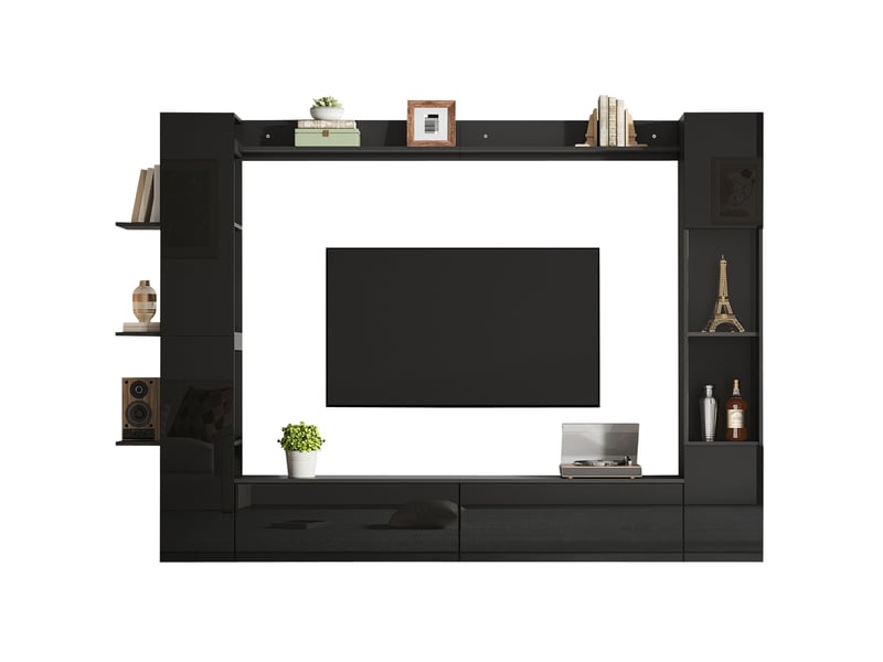  Meuble tv mural tcqpz 245 x 30 x 170 cm en mdf noir, rangements ouverts et fermés, finition haute brillance  - Conforama A
