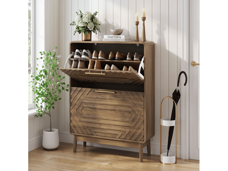 Meuble à chaussures 60x24,1x95 cm en mdf coloris noyer avec 2 abattants - Conforama B