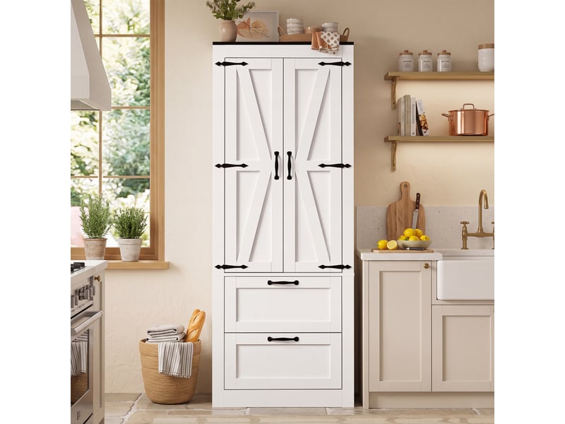 Colonne de cuisine 60×30×168 cm, armoire haute blanche style campagne avec étagères réglables, 2 portes et 2 tiroirs - Conforama E