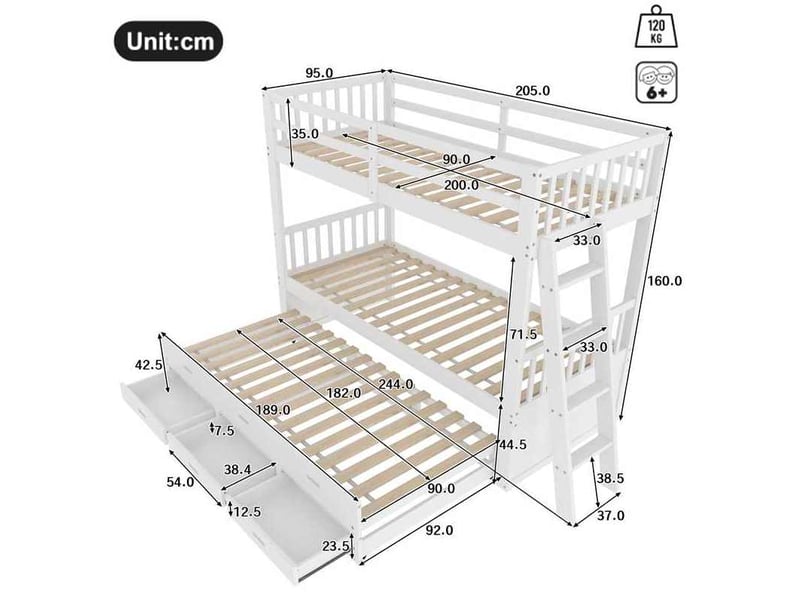  Lit superposé enfant 90x200 cm avec lit gigogne et 3 tiroirs blanc  - Conforama C