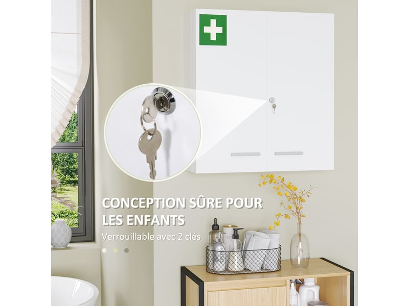  Armoire à pharmacie 6 étagères avec serrure et 2 clés de sécurité, blanc, 55x18x60 cm  - Conforama D